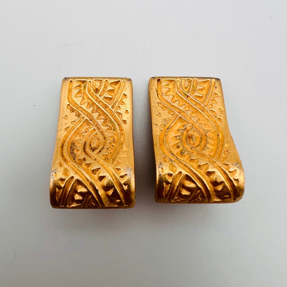 Vintage Tribal Scroll Embossed Clip On Earrings Gold Tone Curved Rectangular
